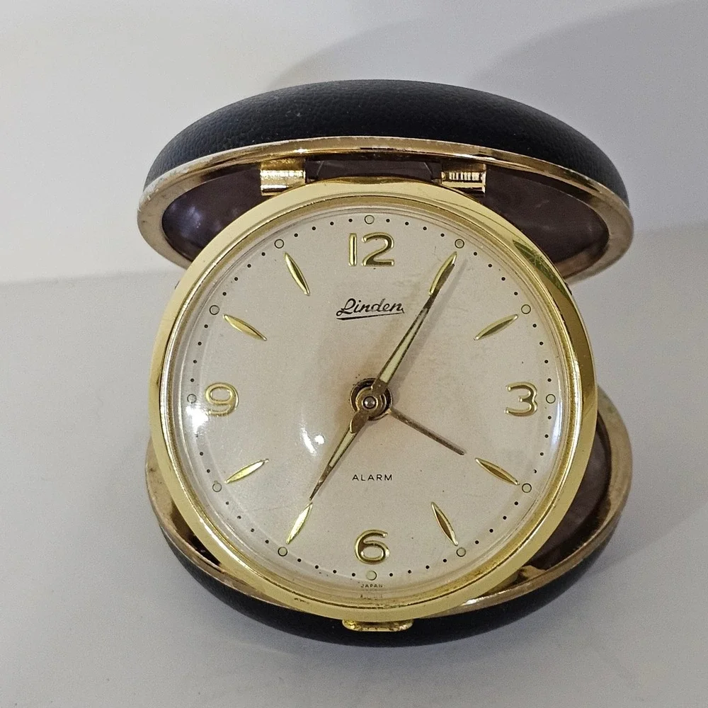 Vintage Linden Travel Alarm Clock Gold Tone Mechanical Wind Up Japan Black Case